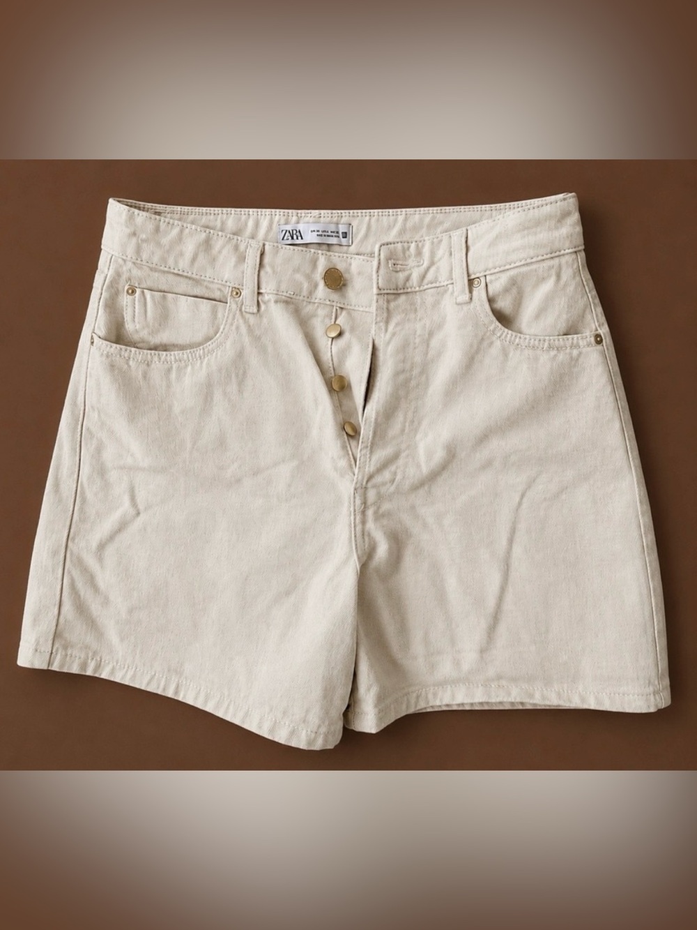 ZARA Beige Button-Fly High-Rise Denim Shorts